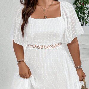 Franclia Plus Swiss Dot Contrast Lace Square Neck Dress – Size 2XL (16)